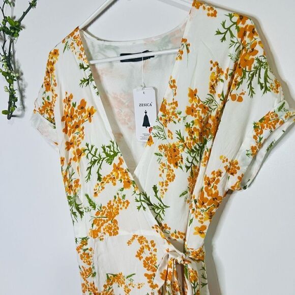 Zesica White Orange Sunflower Wrap Dress MIDI Sundress NWT! - Picture 4 of 11